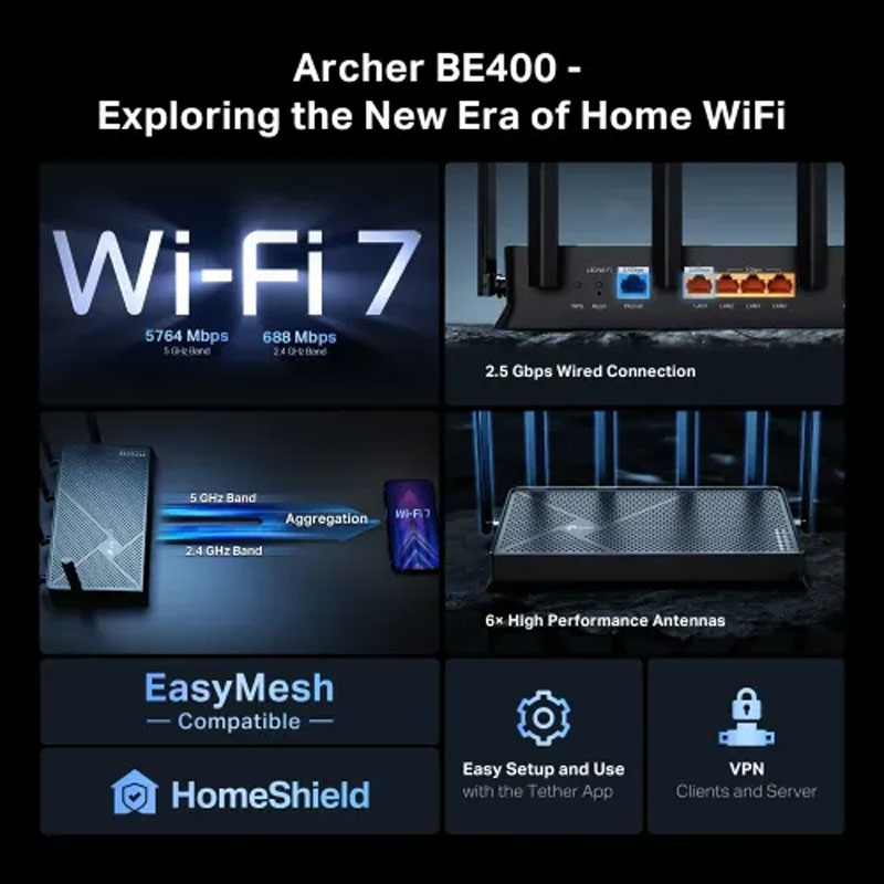 TP-Link Archer BE400 BE6500 Dual-Band Gigabit Wi-Fi 7 Router